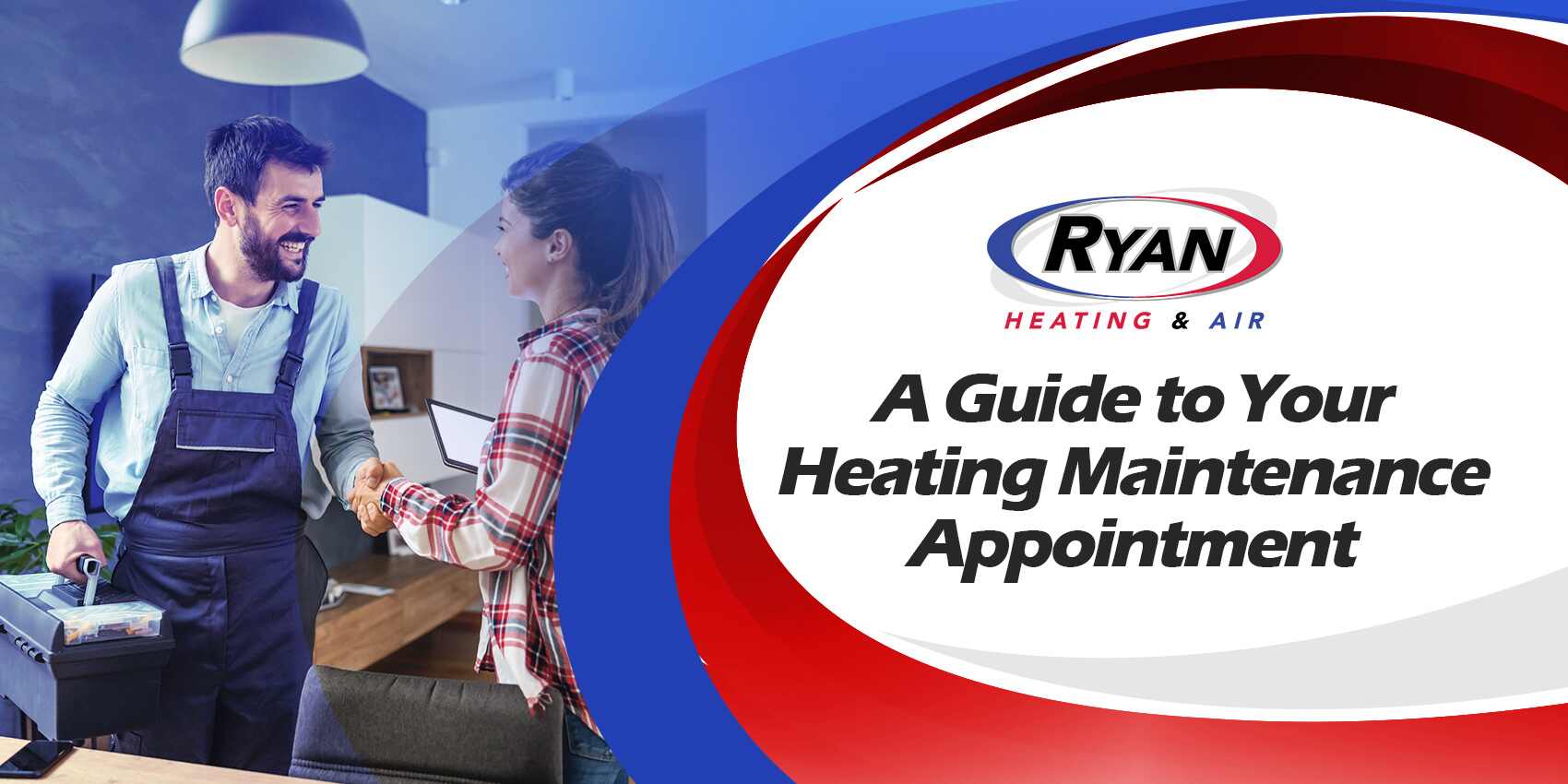 a guide to your heating maintenance appointment blog post title with photo of technician discuss the maintenance schedule with homeowner